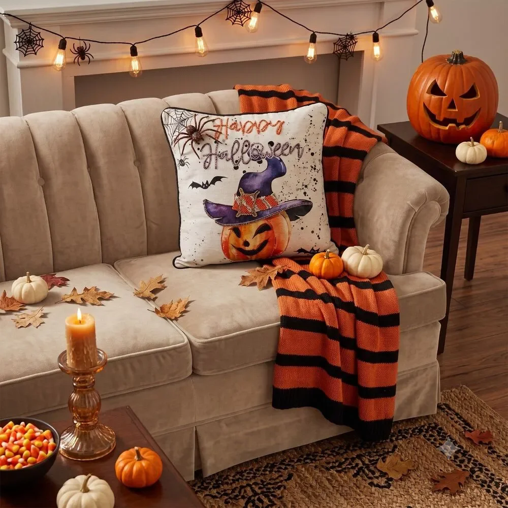 Halloween White Embellished Throw Pillow 14.5 x 14.5 Beaded Witch Hat Pumpkin
